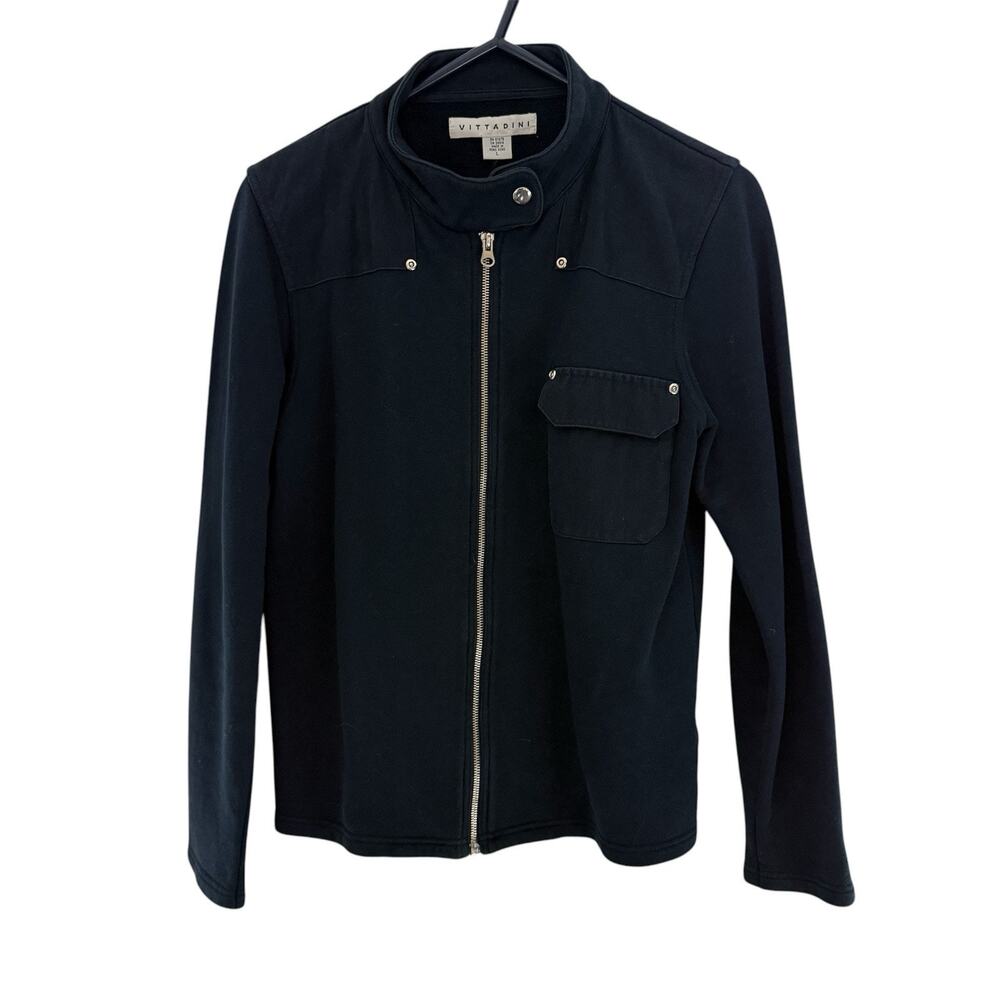 Vittadini Adrienne Structured Zip Snap Jacket Women's Large Navy Blue Cotton